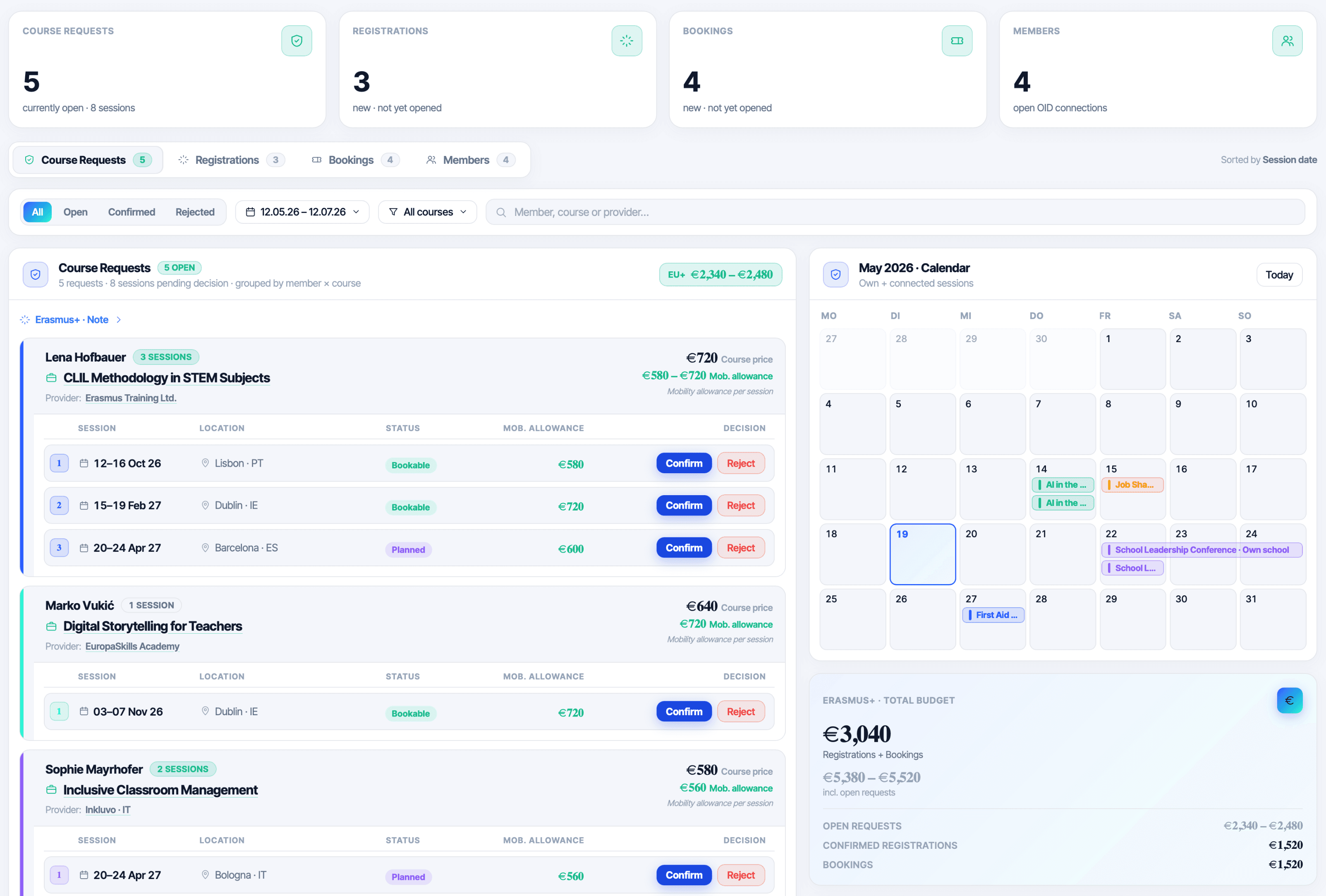 School cockpit with course requests, registrations, bookings and calendar